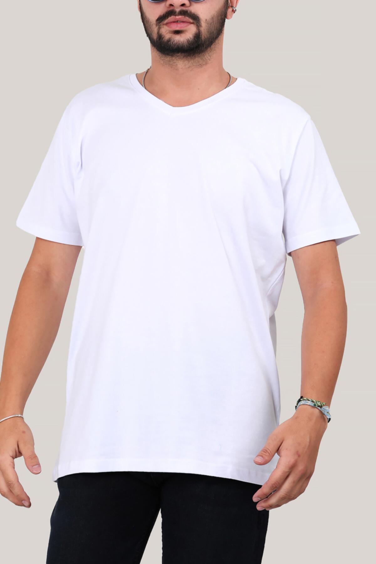 Erkek V Yaka T-shirt Beyaz | Patırtı