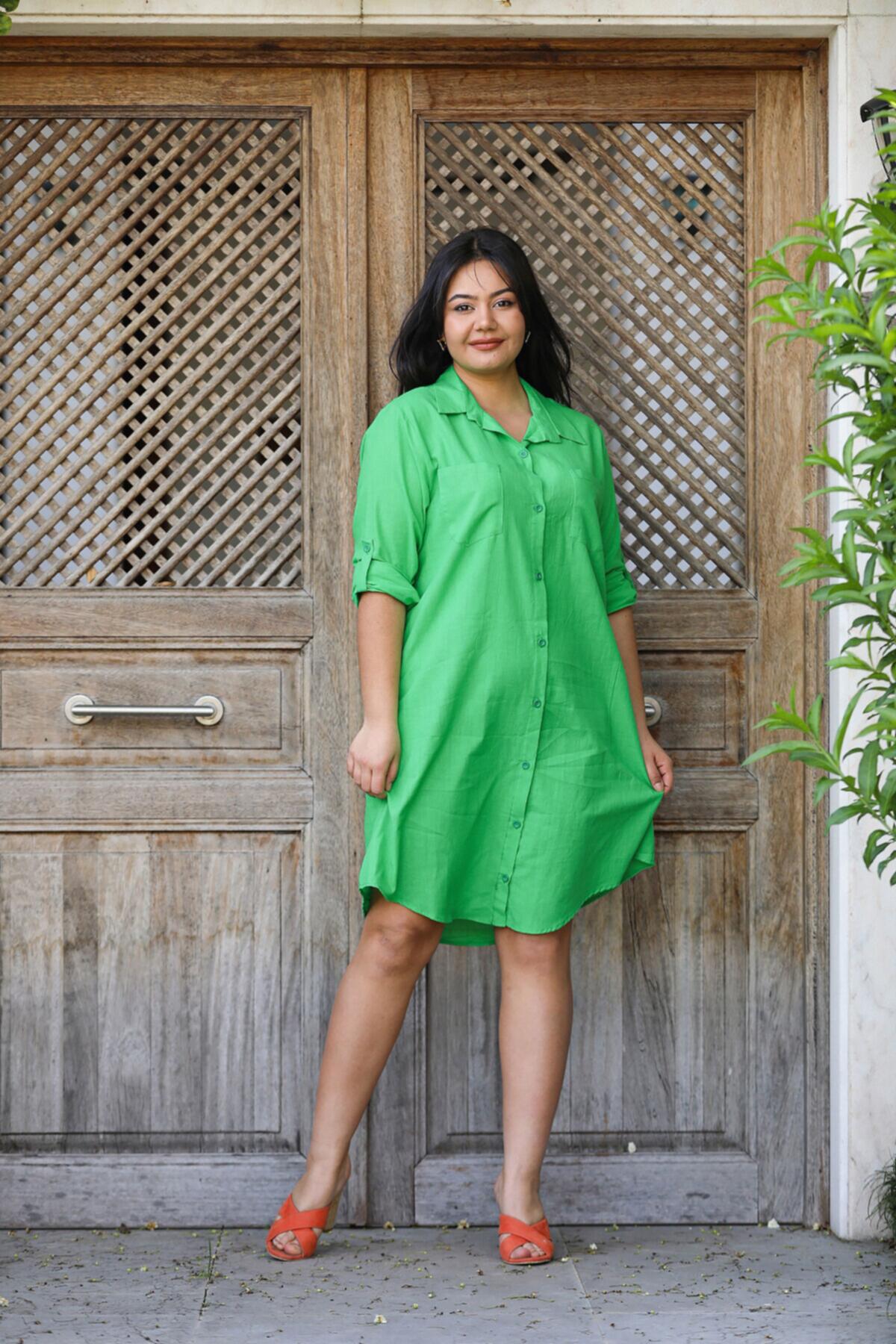 Büyük Beden Keten Tunik Gömlek Elbise Yeşil | Patırtı
