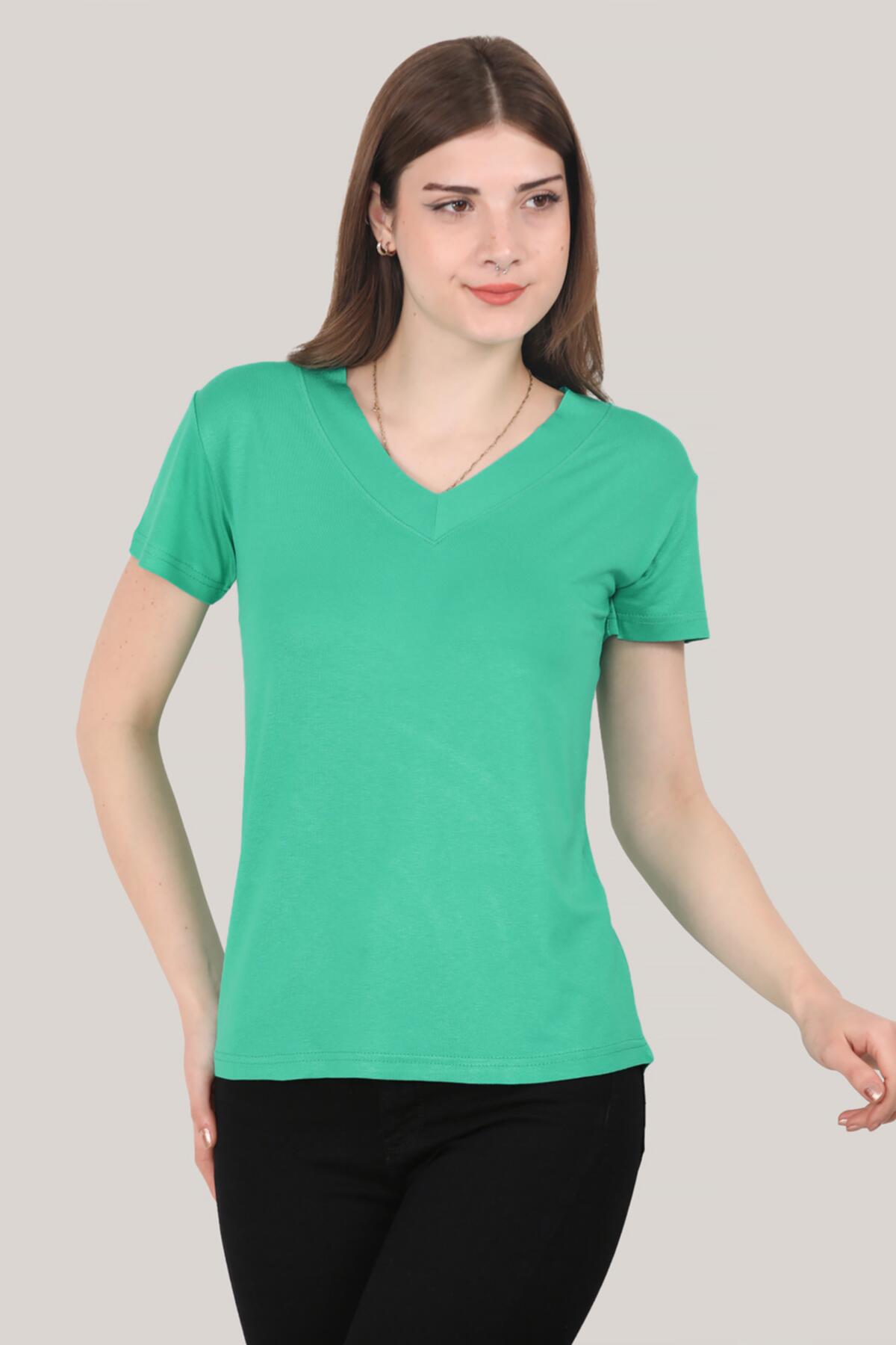 Kadın V Yaka T-shirt Yeşil | Patırtı