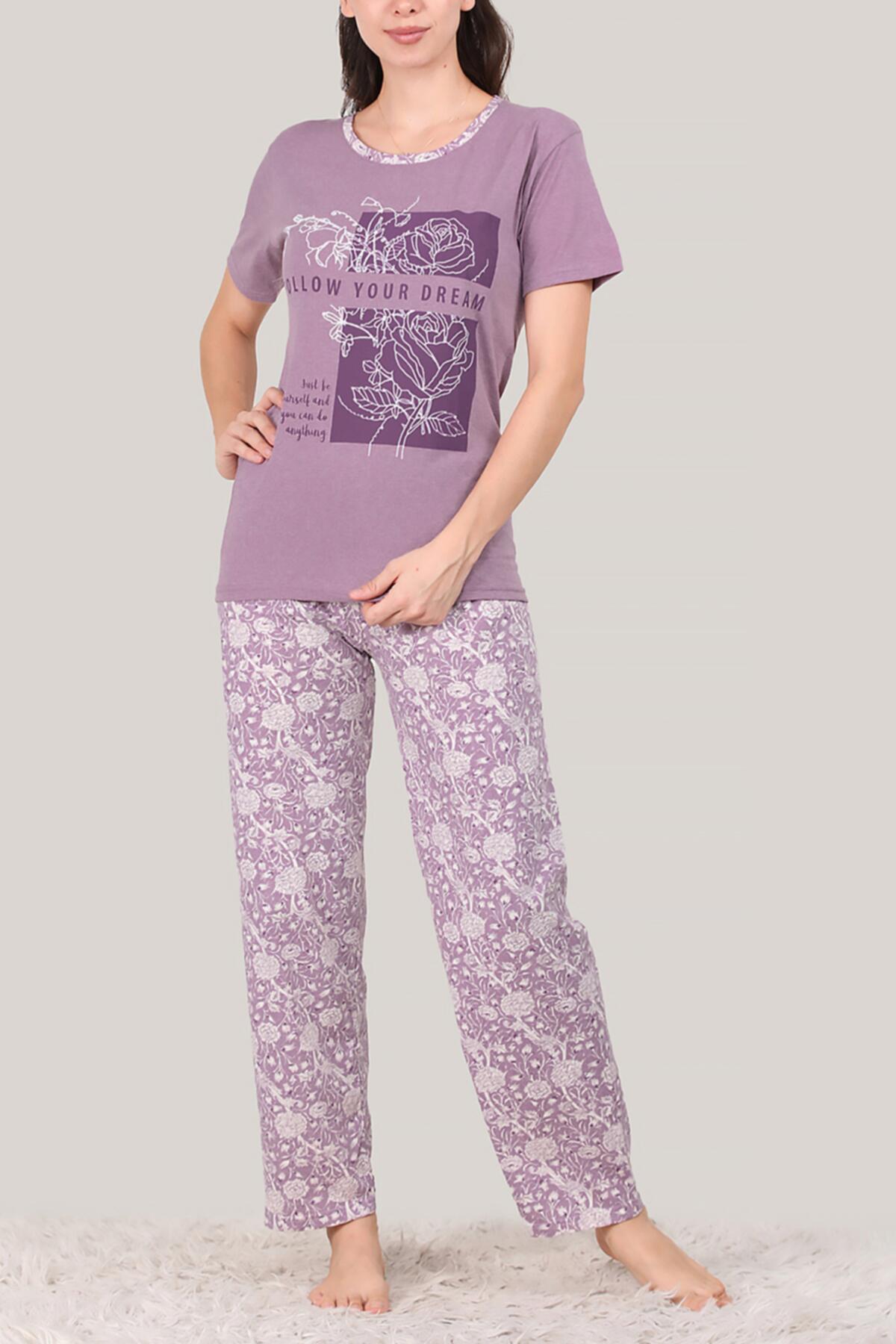 Kadın Kısa Kol Pijama Takımı Mor | Patırtı