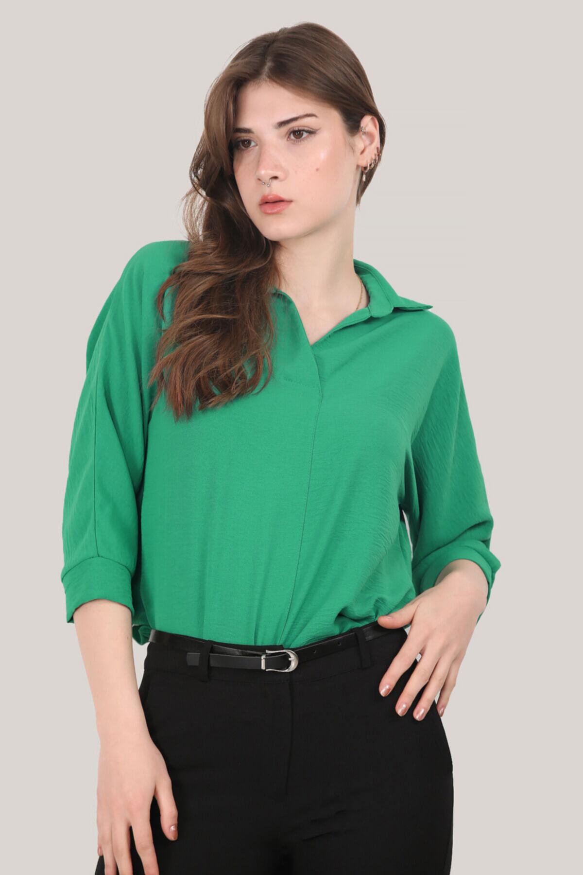 Kadın Gömlek Yaka Bluz Yeşil | Patırtı