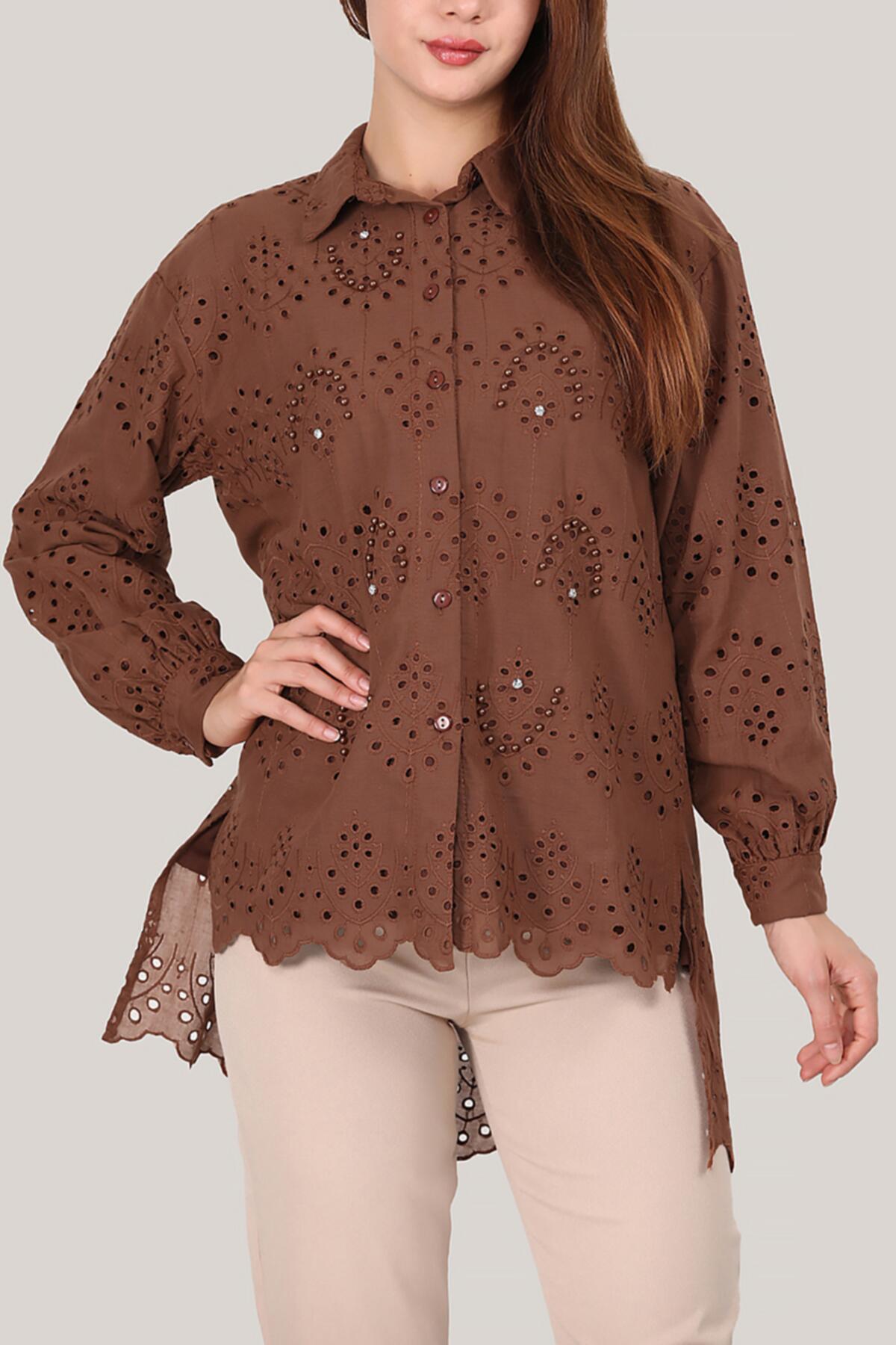 Kadın Gömlek Yaka Nakışlı Tunik Kahverengi | Patırtı